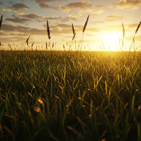 Grass field at sunset. Beautiful nature landscape with sunbeams.の素材