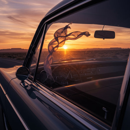Sunset behind the windshield of a car with a scarf on the hoodの素材