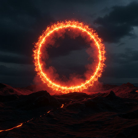 Fiery circle on the background of the night sky. 3d renderingの素材