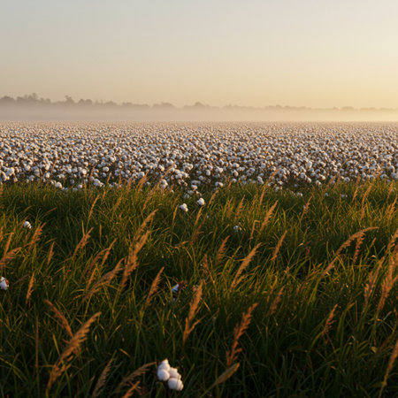 Cotton field at sunrise, Cottongrass field.の素材