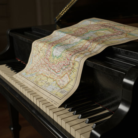 Piano with a map of the city of Barcelona, Spain.の素材
