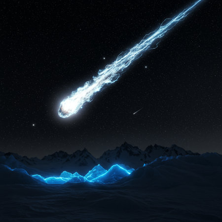 Falling meteorite with blue light in the night sky. 3D renderingの素材