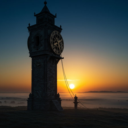 Old clock tower in the fog at sunrise. Krakow, Polandの素材