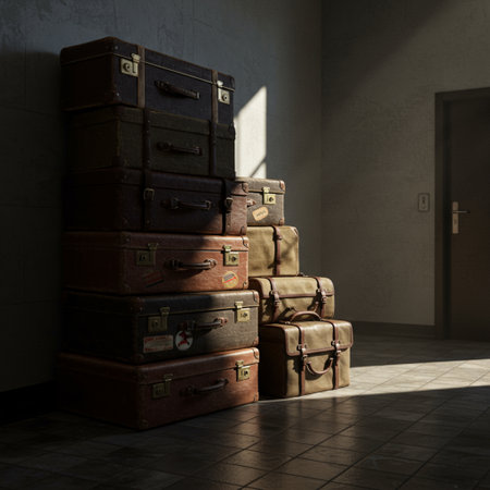 Pile of old suitcases in a room, 3D renderingの素材