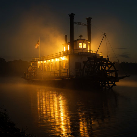 Foggy night on the river with a steampunk steamboatの素材