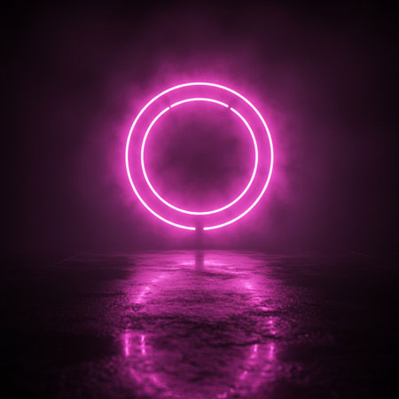 Futuristic neon circle on a dark background. 3D Renderingの素材