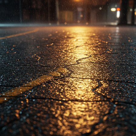 Rain drops on the asphalt road in the city at night. Abstract backgroundの素材