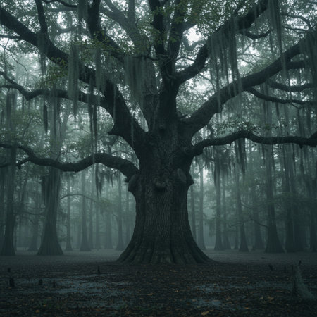 Old oak tree in a mysterious foggy forest on a foggy dayの素材