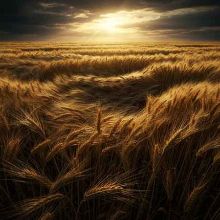 Wheat field at sunset with sun rays and clouds in the skyの素材