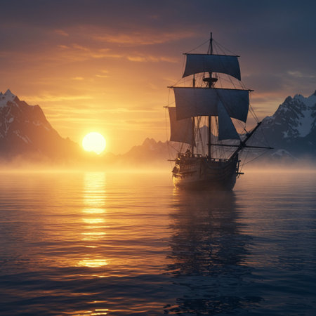 Sailing ship in the sea at sunset. 3d render.の素材