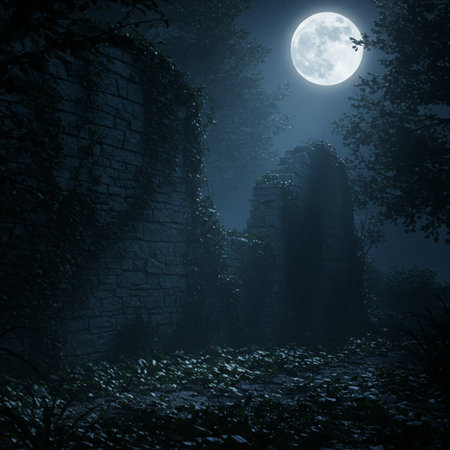 Fantasy landscape with stone ruins and full moon. 3d renderingの素材