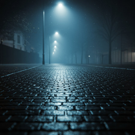 Pavement in a foggy street at night. Selective focusの素材