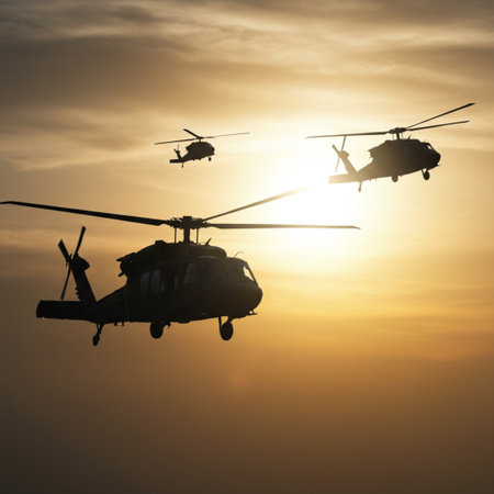 Silhouette of two military helicopters flying in the sky at sunsetの素材