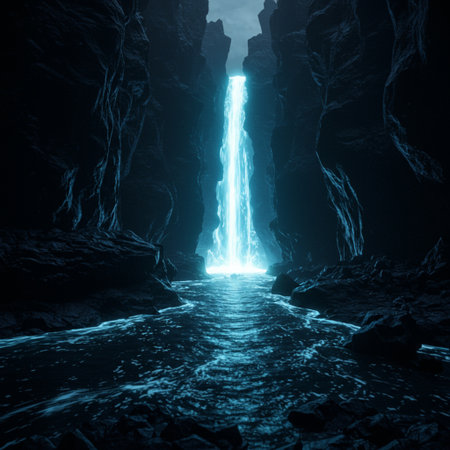 Fantasy dark tunnel with light and water. 3D Renderingの素材