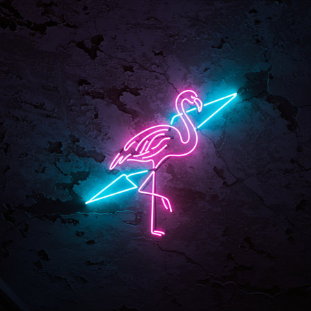 Neon flamingo sign on grunge concrete wall. Vector illustrationの素材