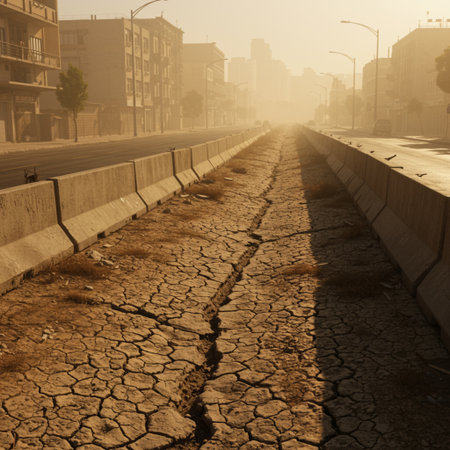 Dry cracked earth in the city. Global warming and climate change concept.の素材