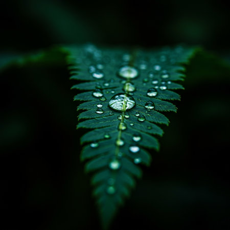 Water drop on green fern leaf after rain. Nature background.の素材