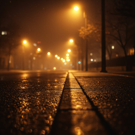 City street at night with lights and fog, bokeh.の素材