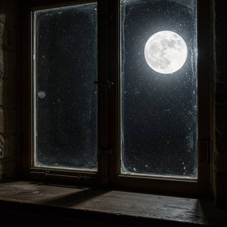 A full moon behind the window of an old house at night.の素材