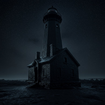 Lighthouse in the sea at night with starry sky. 3d renderの素材