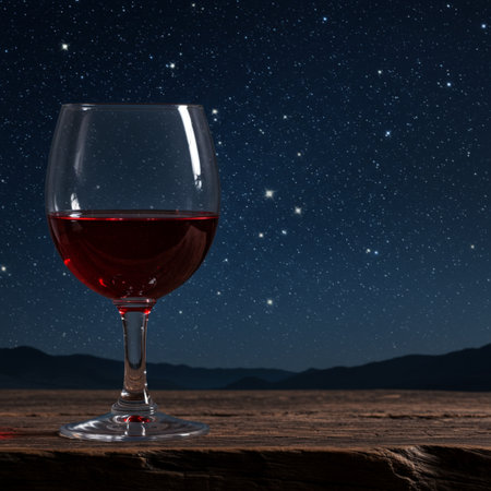 Glass of red wine on wooden table against night starry sky backgroundの素材