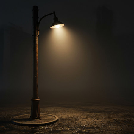 Street lamp in a dark foggy night. 3D Renderingの素材