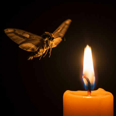 Butterfly on a burning candle, isolated on black background.の素材