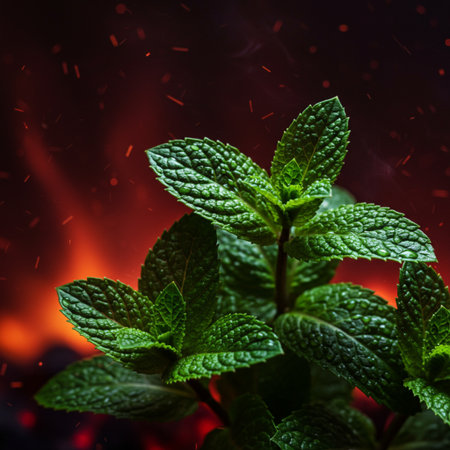 Mint leaves on a dark background with a fire in the backgroundの素材