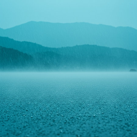 Foggy lake with mountains in the background. Toned.の素材