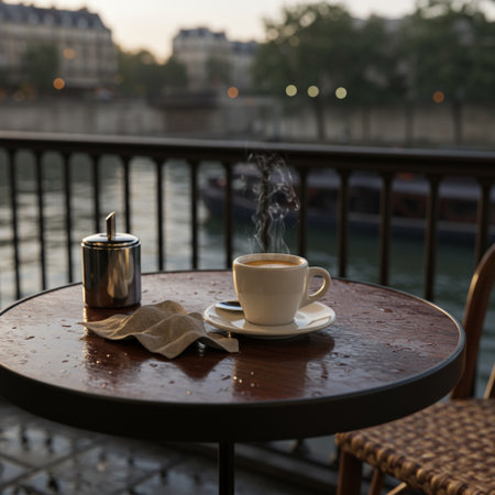 Cup of coffee on the table in Paris, France at sunsetの素材
