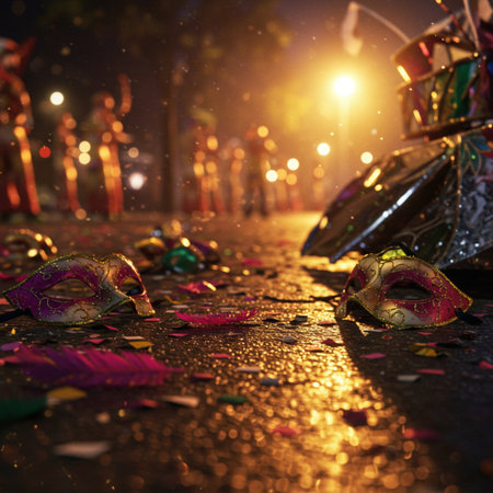 Carnival mask on the ground at night in the city.の素材
