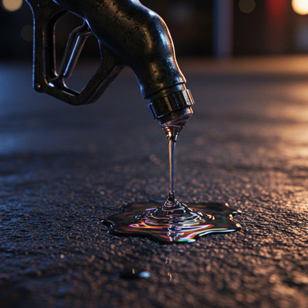 Pouring oil into the car at night. Close-up.の素材