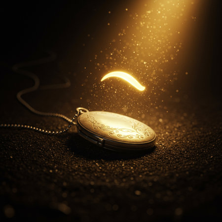 Golden pocket watch on a dark background with a beam of light.の素材