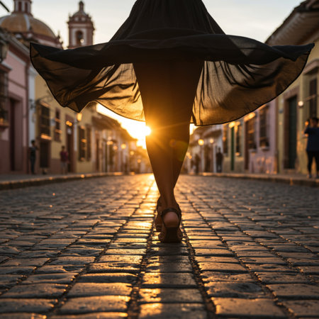 Legs of a young woman in a black dress on the cobblestone street at sunsetの素材