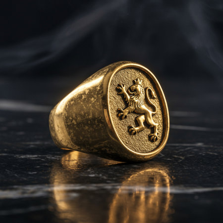 Ancient gold coin on a dark background with smoke. Selective focus.の素材