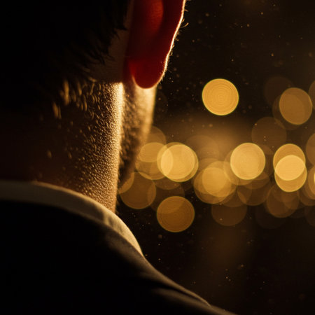 Close up of a man's face with bokeh background.の素材