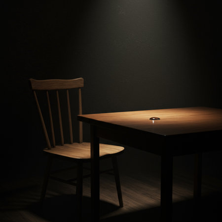 wooden chair and table in a dark room with a black wallの素材