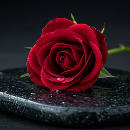 Red rose on a black stone with drops of water on a black backgroundの素材