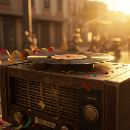 Vintage turntable on the street in the rays of the setting sunの素材