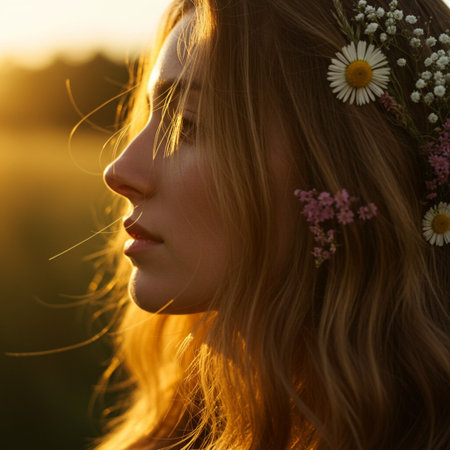 Beautiful young woman with a wreath of daisies on her head.の素材