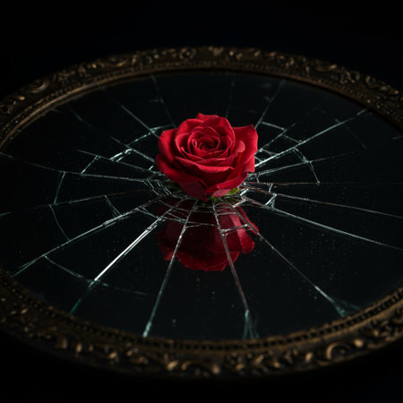 broken mirror with a red rose on a black background, close-upの素材