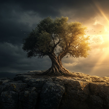 Olive tree on the rock. 3D render. Sunset.の素材