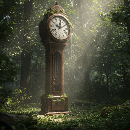 Old clock in the misty forest. Time concept. Selective focus.の素材