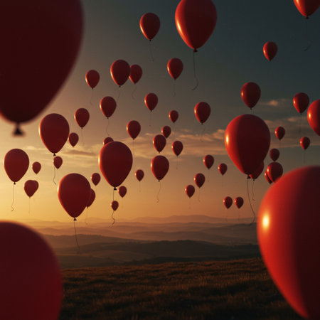 Red balloons flying in the sky at sunset. 3D Renderingの素材