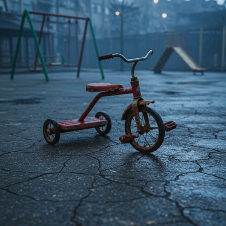 Children's tricycle on the playground in the foggy morning.の素材