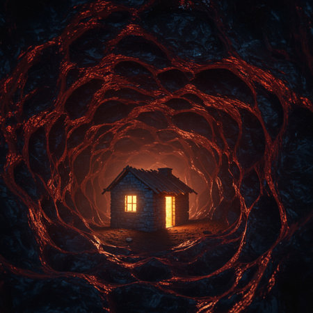 Fantasy house in a tunnel of fire. 3D illustration.の素材