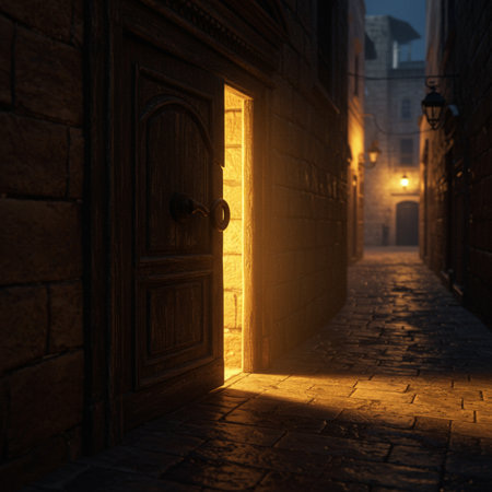 Old door in the old city at night. 3D rendering.の素材