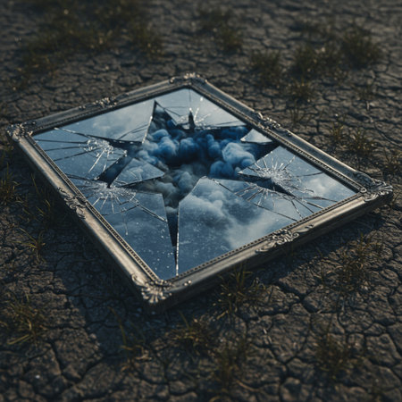 A broken mirror on the ground. Cracks in the ground.の素材