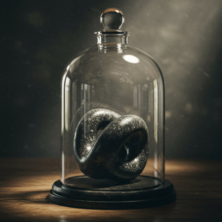 Metal ring in a glass jar on a wooden table. Toned.の素材