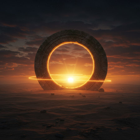 Fantasy alien planet. 3D illustration. Stone ring with sun.の素材